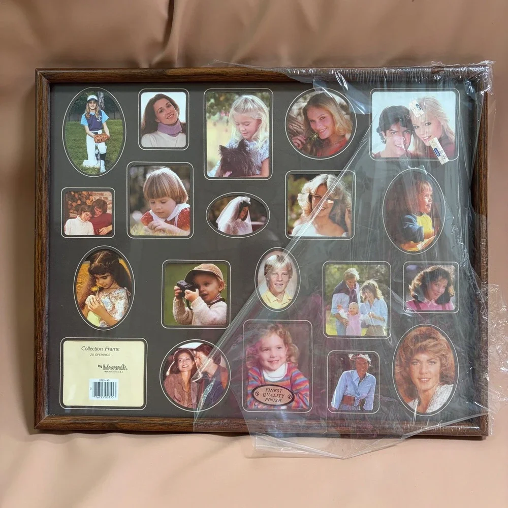 Vintage 70s Intercraft USA 20 Spot Collage Photo Frame Faux Wood Glass 21x17 NOS